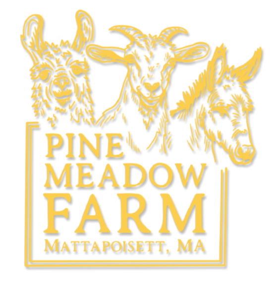 Logo of Pine Meadow Farm with a llama, goat, horse above text.