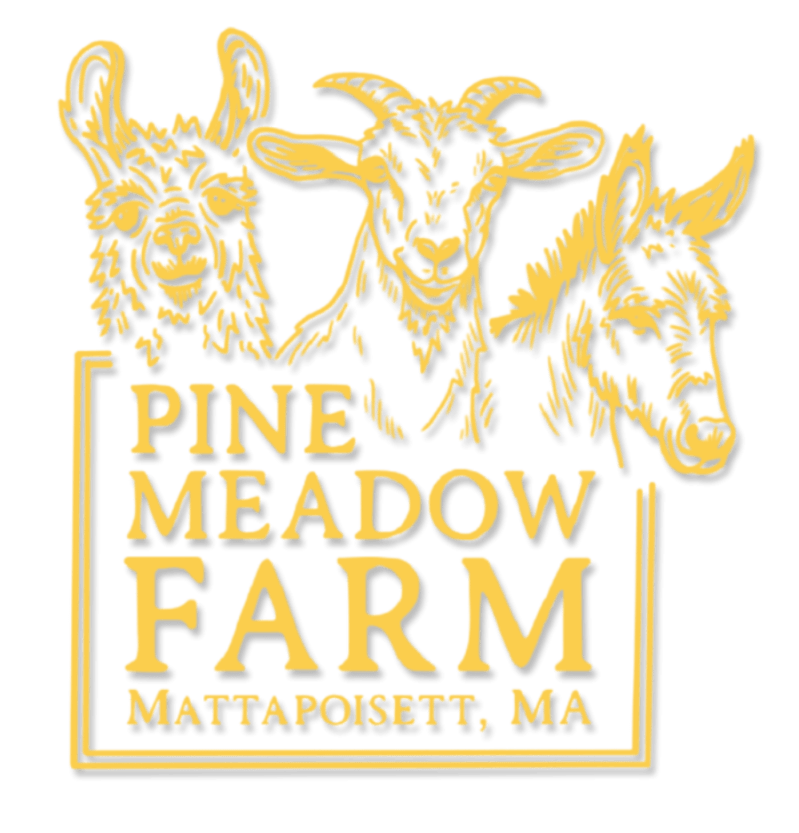 Logo of Pine Meadow Farm with a llama, goat, horse above text.