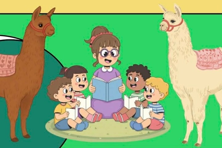 Children and a teacher reading with two llamas nearby.