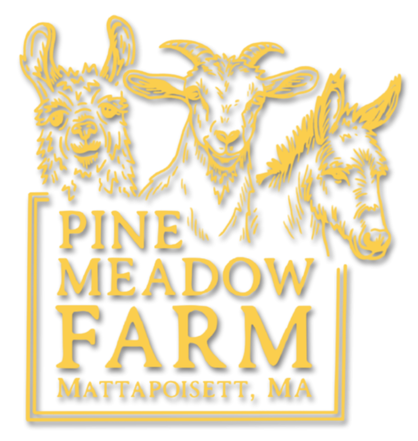 Illustration of a llama, goat, and donkey above 'Pine Meadow Farm, Mattapoisett, MA' text.