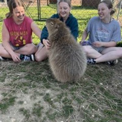 Three people sitting on grass with a capybara in front of them.